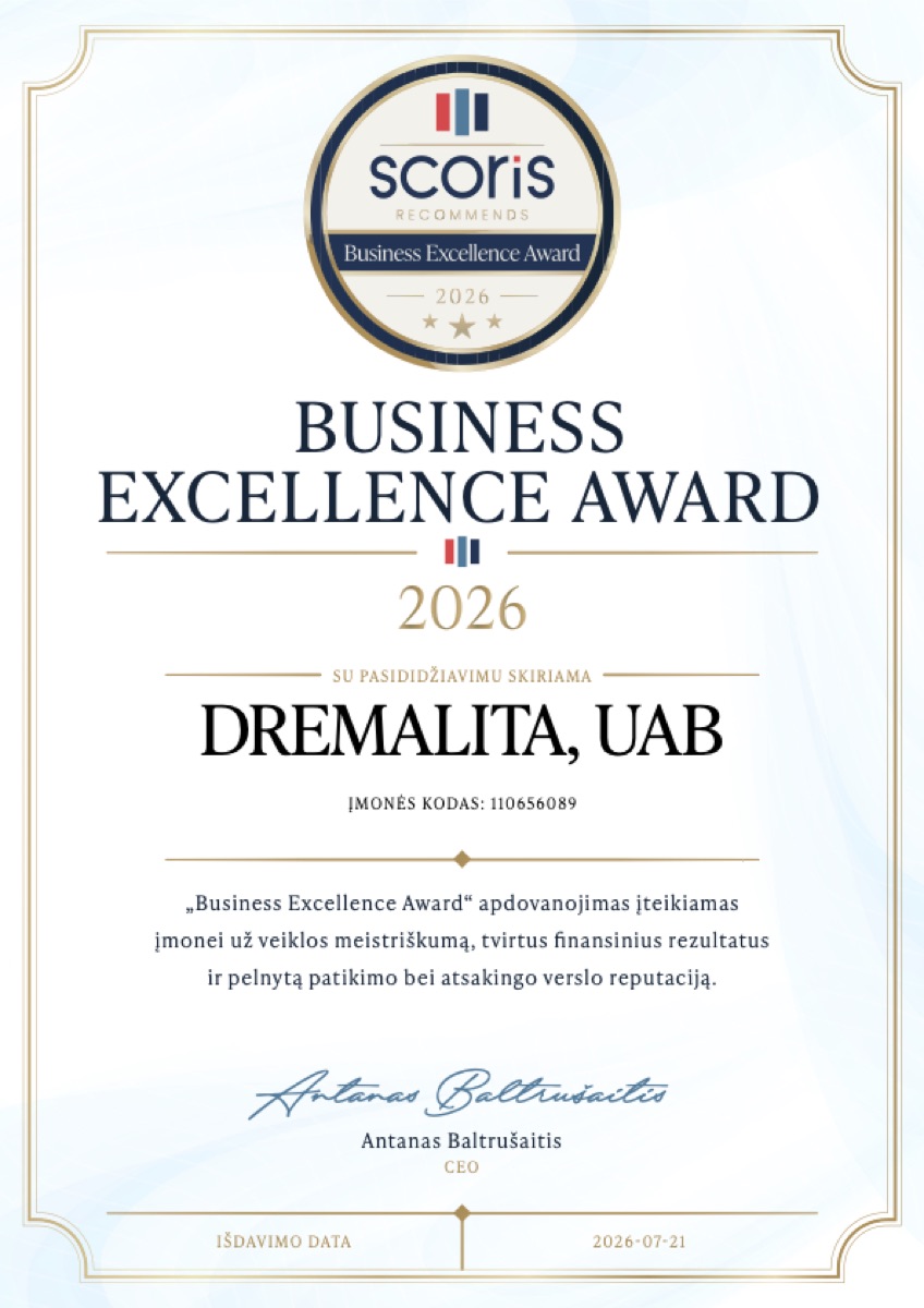 Business Excellence Award 2026 sertifikatas, skirtas Dremalita, UAB